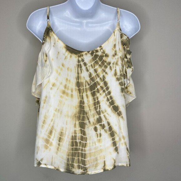 Tiare Hawaii Fluttery Cold Shoulder Ruffle Sleeves Top Size Medium Green/Cream - Picture 4 of 8